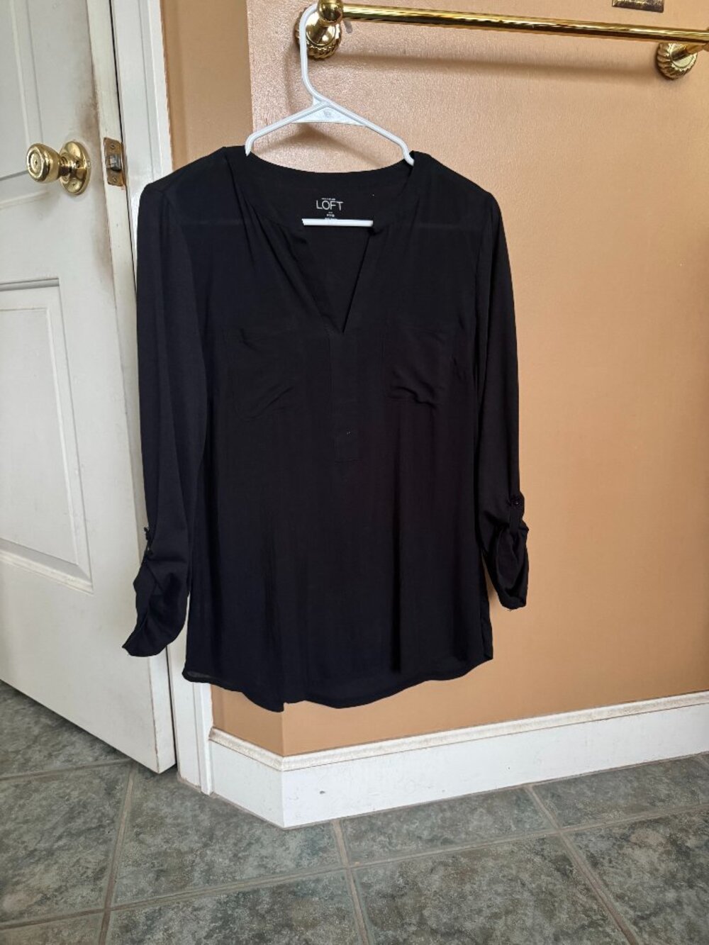 LOFT Petites MP Black Mixed Media Roll Tab Sleeve Blouse